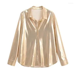 Kvinnors blusar yenkye våren 2024 Kvinnor Fashion Shinning Metallic Color Casual Blus Office Ladies Business Shirt Chic Chemise Blusa