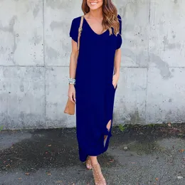 Casual Dresses Elegant Party for Women Short Sleeve Tie Knots Hem Long V Neck Solid Color Side Slit Maxi Dress With Pocket