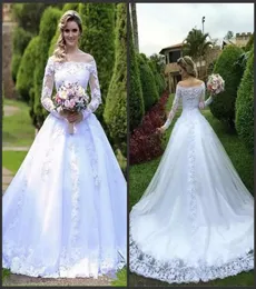 2020 Yeni Vestidos de Noiva Casamento Prenses Gelinlik Omuz Kapalı Sırf Uzun Kollu Gelinlik Boncuklu Arap Bahçesi BR8751117