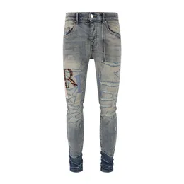 New Designer Jeans High Street Trendy Brand Tattered Letters Patched with Embroidered Holes Elastic Slim Fit Washed Blue Jeans for Men