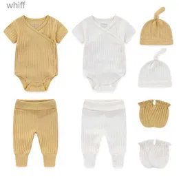 Set di abbigliamento unisex 8 pezzi Tute neonato + pantaloni + cappelli + guanti Set 100% cotone vestiti per bambina manica corta vestiti per neonato tinta unitaC24319