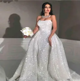 Lantejoulas completas plus size overskirt país vestido de noiva glitter estilo sereia vestidos de casamento árabe com trem destacável sem alças 5404476