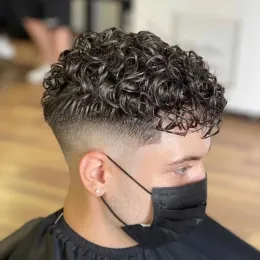 Toupees 20 mm afro curl brązowe czarne mężczyźni toupee super trwałe silikonowe cienki skóra pełna fala pu 100% ludzkie włosy Microskin Kapilary