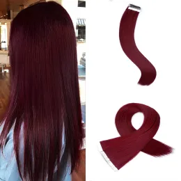 Extensions Bourgogne Tape in Human Hair Extensions 99J Wine Skin Weft Hårförlängningar Lime Invisible Real Silkeslen Rakt hög kvalitet