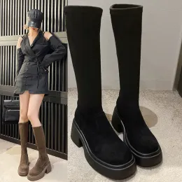 Stiefel Boots Flatplattform Marke Frauenschuhe runden Toe Bootswomen Sexy Oberschenkel High Heels hoch sexy Clogs Elegant Mode Lolita Stil