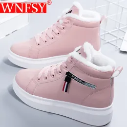 부츠 wnfsy 겨울 여자 발목 부츠 따뜻한 플러시 여자 vulcanized shoes pu 워킹 운동화 캐주얼 아파트 레이스 업 레이디스 스노우 신발