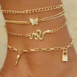 Богемный золотой цвет, комплект браслетов на щиколотке со змеей для женщин, браслет с замком-бабочкой, очаровательная цепочка на ногу, ювелирные изделия в стиле бохо, подарок