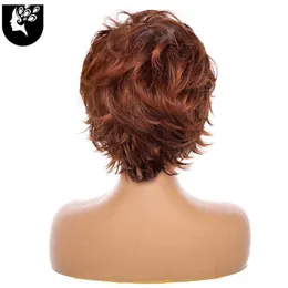 合成ウィッグレースウィッグオンブル茶色の合成ウィッグ白人女性のための前髪の短い赤い灰色の波の髪のかつらの暗いルートデイリーユアベーティ240328 240327