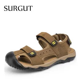 Sandals SURGUT New 2022 Hot Fashion Summer Casual Solid Men Sandals Breathable High Quality Genuine Leather Beach Shoes Big Size 38~48