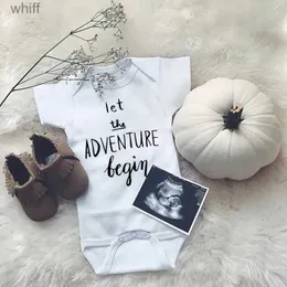 Rompers Let the Adventure Börja baby bodysuit graviditet tillkännager nyfödda pojkar flickor bomull jumpsuit kort ärm baby kläder c24319