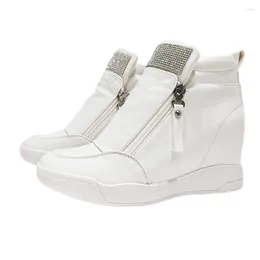 Повседневная обувь Кожаные женские кристаллы Вулканизированные модельерские кроссовки на молнии для увеличения износостойкий хип-топ