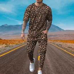 Butik Leopar Baskı Erkekler Pantolon Trailsuit 2 Parça Set Sokak Giyim Kısa Kollu T Shirtleg Pantolon Giysileri Erkek Giyim 240311