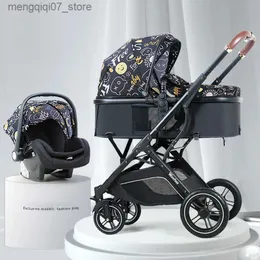 Strollers# New Cartton Baby Stroller 3 In 1 with Car Seat PU leather foldable Newborn carriage travel trolley pram newborn pushchair baby L240319
