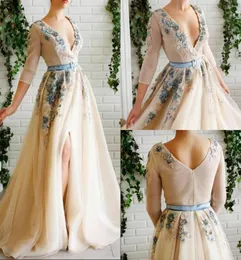 2020 Elegant Prom Dresses Lace 3D Floral Appliqued Side Split Evening Dress A Line V Neck Custom Made Special Occasion Gowns2898382