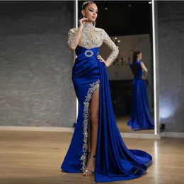 Blue With Gold Arabic Mermaid Evening Dresses High Neck Algerian Outfit Prom Gown Side Train Pleated Thigh Split Party Maxi Robe