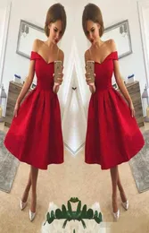 2018 Simple Red Off The Shoulder Satin A Line Short Party Dresses Ruched Kne Length Short Homecoming Cocktail Prom Gowns1982593