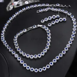 Bangle BeaQueen Dark Blue Flower Zirconia 3 Piece Tennis Bracelet Necklace Wedding Earrings Bridal Jewelry Sets for Women JS177 240319