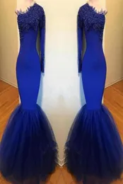 South African Royal Blue Prom Dresses Vintage Long Sleeve One Shoulder Mermaid Women Occasion Evening Gowns Designed Formal Wear3510357