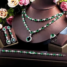 Bangle ThreeGraces 4 Piece Elegant Wedding Necklace Set for Women Green Zirconia Wedding Dubai Arab Saudi Party Jewelry Party Costume TZ673 240319