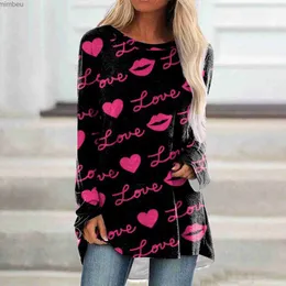 Женская футболка Love Letter Heart Lipstick Print Граффити Футболки 2024 Женская одежда с длинным рукавом и круглым вырезом Топы Подарок на День Святого Валентина GirlfriendC24319