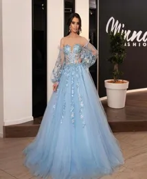 Light Sky Blue Tulle A Line Prom Dresses 2020 Sweetheart Long Sleeves Applique Lace Up Sexy Back Pageant Party Evening Gowns3404184