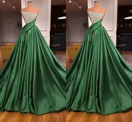 Elegant Dark Green A Line Dresses Floor Length Satin Sequined High Front Split Evening Formal Party Second Reception Birthday Pageant Dress Prom Gowns