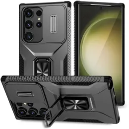 Militärkvalitetschockproof Hybrid Dual Layer Case för Samsung Galaxy S24 Ultra S23 A54, 360 ﾰ Magnet Ring Kickstand med Slide Camera Cover
