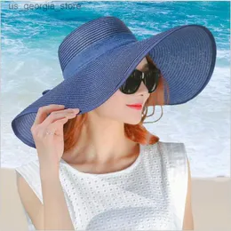 Szerokie brzegowe czapki wiadra proste lato strIt damskie kapelusz szerokie brązowy plażowy kapelusz składany słoneczny kapelusz UV Protection Panama Hat Bones Chapeau Women Y240319