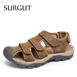 Sandals SURGUT Brand New High Quality Men Genuine Leather Sandals Breathable Comfortable Cozy Summer Shoes Fashion Flat Male Sandals