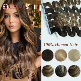 Extensões de fita em extensões de cabelo humano ondulado balayage marrom natural trama da pele fita adesiva na extensão do cabelo para mulher 2.5 g/pc