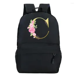 Backpack Black Graphic Gold Printed Letter Flower A-Z Alphabet Shoulders Bag Teenage Fashion Girl High School Schoolbag