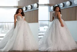 Oksana Mukha Abiti da sposa Con scollo a V Bottone Nero Sweep Train Abiti da sposa Su misura Applicazioni in pizzo Paillettes Abito da sposa A Line9365312