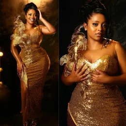 2024 Gold Plus Size Prom Dresses for Black Women Sparkling Evening Dresses Sheer Neck Tassel High Split Vestidos De Gala Birthday Party Gowns for African Girls AM540