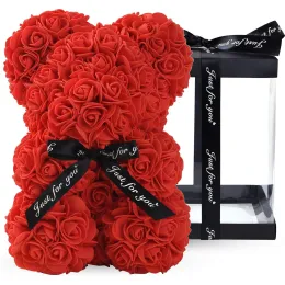 10 inch Artificial Rose Teddy with Clear Gift Box Rose Flowers Home Decor Valentine s Day Wedding Decoration Anniversary