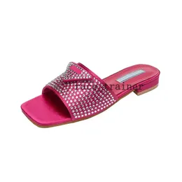 Designer Slides Scuff Donna Tessuto ricamato Pantofole di cristallo Sandali con slide metallizzati Lettera di lusso breve Sandalo Triangolo Tacco grosso Moda 3.7 04