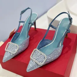 2024 estate calda vendita sandali tacco alto runway designer sexy punta a punta slingback cinturino con fibbia femminile sandali con strass in vera pelle di alta qualità