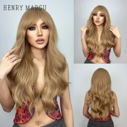 Peruker Henry Margu Golden Wig med lugg långa lockiga vågiga peruker för kvinnor blond syntetisk peruk för daglig cosplay falska hårvärmebeständig