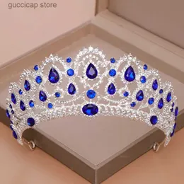 Tiaras AiliBride Crown Queen tiara Acessórios de cabelo de casamento Cristal azul strass Tiaras e coroas para joias de cabelo de casamento nupcial Y240319