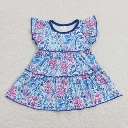Kleidungssets RTS Baby Mädchen Großhandel Flatterärmel Wasserblumen Rüschen Tunika Marineblaue Farbe Milchseide Hemden Tops Frühling Kinderkleid