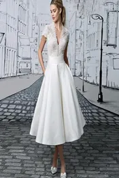 Vintage Dantel Çay Uzunluğu Kısa Gelinlik ile Kapalı Kılıflar Verin Boynu 1950'ler Düğün Gelin Gowns Vestido de Novia Cust4518936