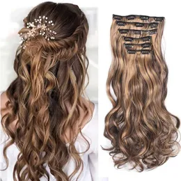 Synthetic Wigs Clip In Hair 20Inch 16 Clips Long Synthetic Hair Heat Resistant Hairpiece Natural Wavy Ombre Hair Piece 6Pcs/Set LIHUI 240329