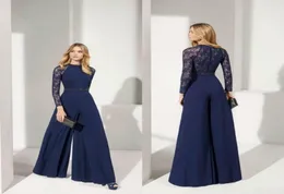 Macacões elegantes da Marinha Vestidos de noite 2020 Jewel mangas compridas rendas chiffon vestidos de noite até o chão uma linha mãe da noiva 9477615