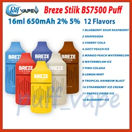 Аутентичная одноразовая электронная сигарета Breze Stiik BS7500 Puff Одноразовая предварительно заполненная капсула 16 мл 650 мАч Устройство испарителя с сетчатой катушкой 12 вкусов 2% 5% уровня затяжек 7500 Комплект Vape Pen