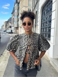 Women's Blouses Fashion Leopard Print Shirt For Women Chic O-neck Lace Up Cardigan Blouse 2024 Spring Puff Short Sleeve Lady Street Tops