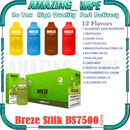 Autentisk Breze Stick BS7500 Puff Disposable E Cigarettvape penna med e-juice laddningsbar 650mAh batteri 16 ml kapacitet 7500 puffar 12 olika smaker