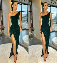 2020 Velvet Dark Green Aseval Dresses One High Side Side Split Mermaid Prom Dress Custom Made Sweep Train Dressal Party Frick8406262