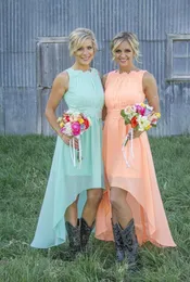 Country Westen Colored High Low Bridesmaid Dresses Chiffon Short Bridesmaid Dreess Cowboy Boots Appliq1894319와 Honor 드레스의 하녀 드레스