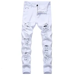 Straight Hole Destruction Trousers Distressed Jeans Men Denim Fashion Designer Brand White Pants Male Large Size 40 42 240313