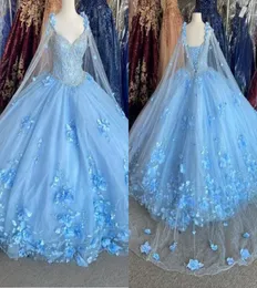 Bahama Blue 3D Flowers Quinceanera klänningar med wrap crystal pärlklänning aftonklänningar klassisk älskling laceup sweet 16 klänning 3903155