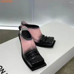 Sapatos de vestido Square Toe Mules Salto Mulheres Bombas Primavera Verão Mista Cor Capa Slip On 2024 Est Europeu Moda Casual